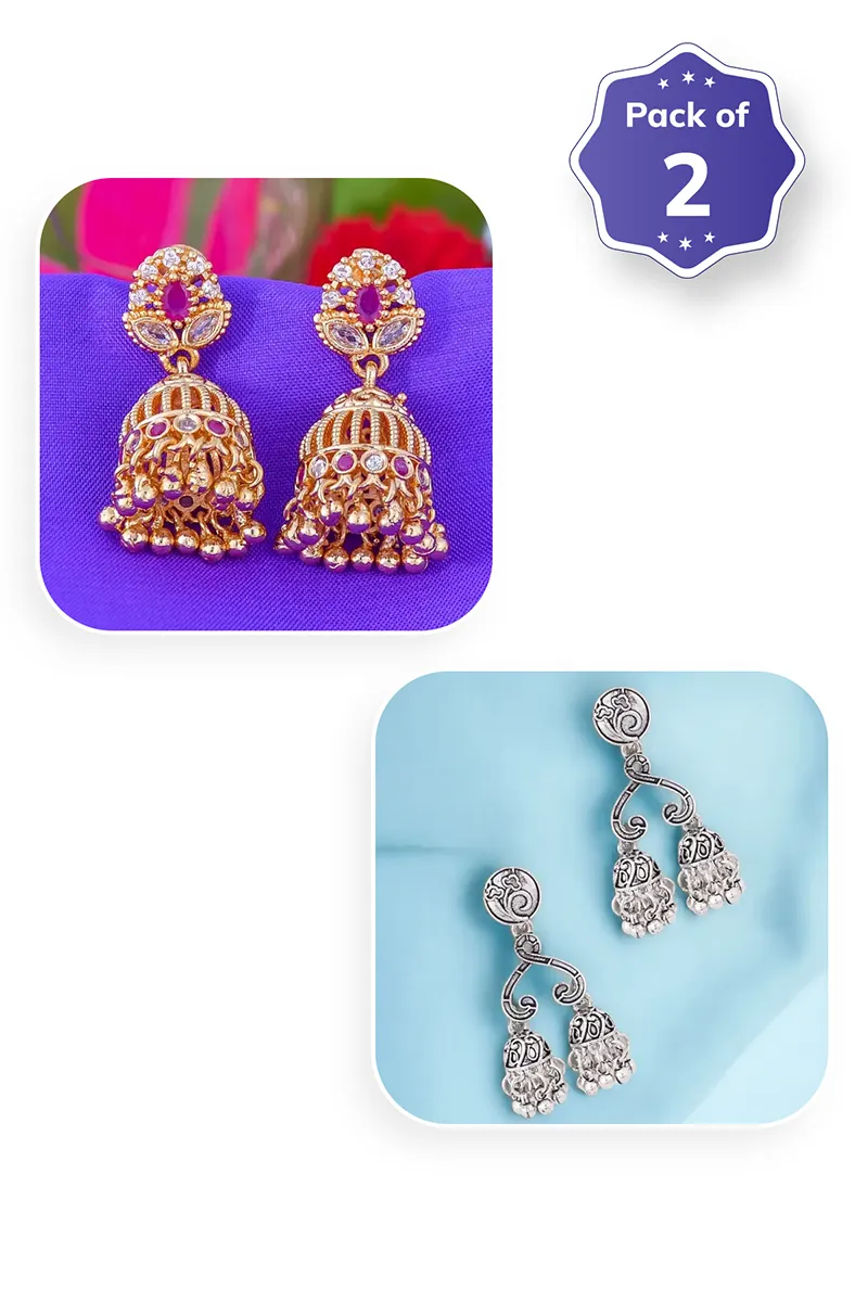 Gold Stone-Studded & Oxidised Silver Double Jhumki for Women - Combo of 2