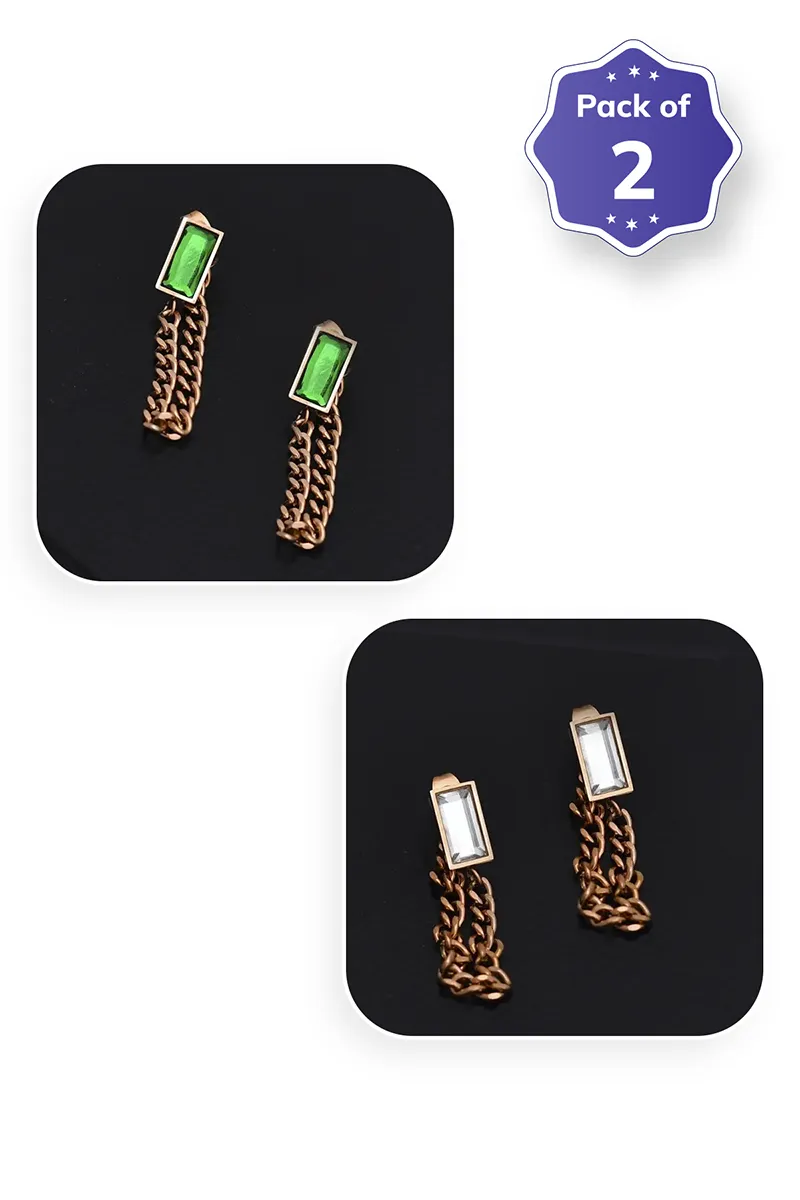 Green & White Stone Chain Dangle Earrings for Women - Combo of 2