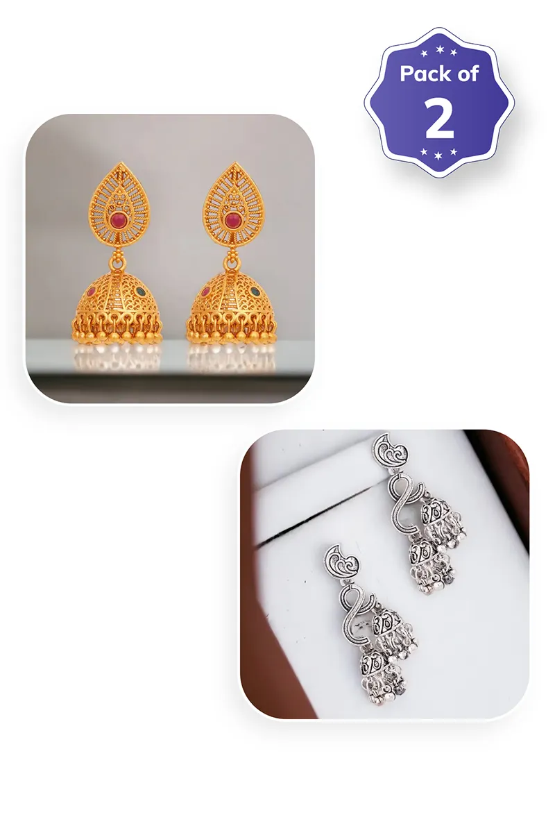 Gold Jhumki & Oxidised Silver Double Jhumki Earrings for Women - Combo of 2