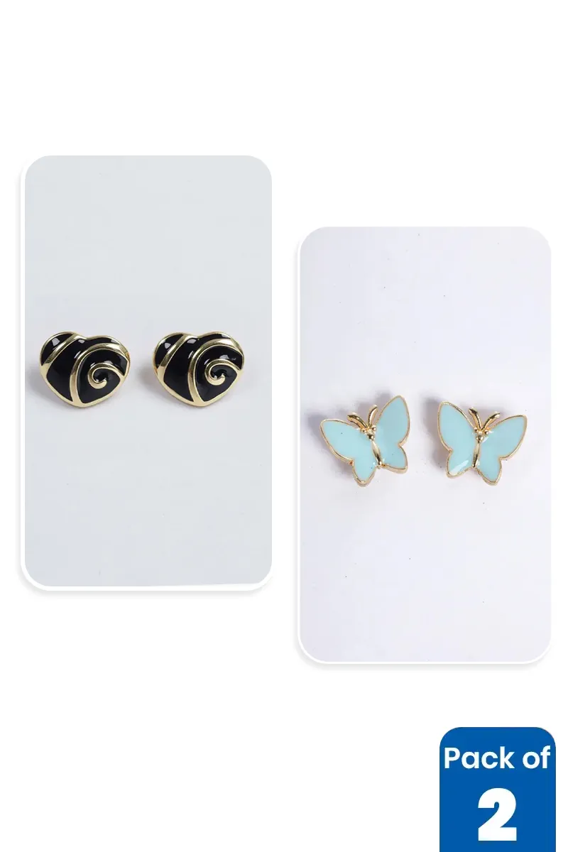 Heart & Butterfly Stud Earrings for Girls - Pack of 2