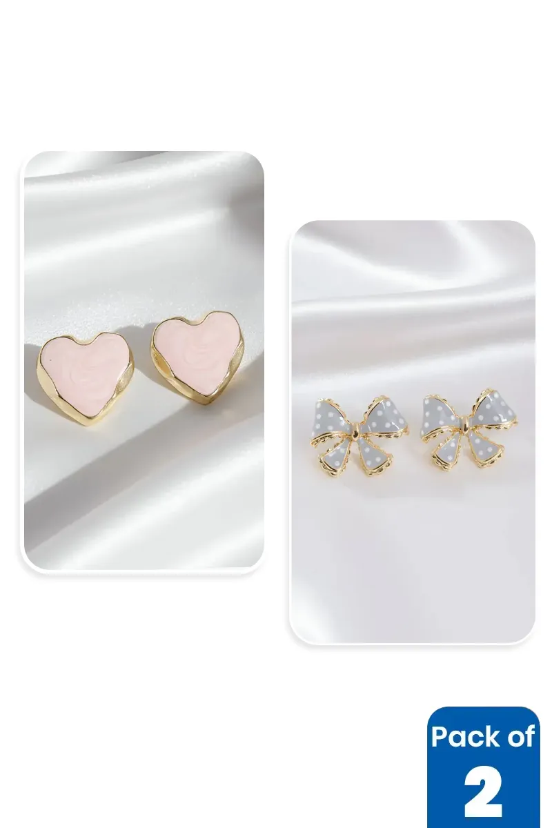Heart & Polka Dot Bow Stud Earrings for Girls - Pack of 2