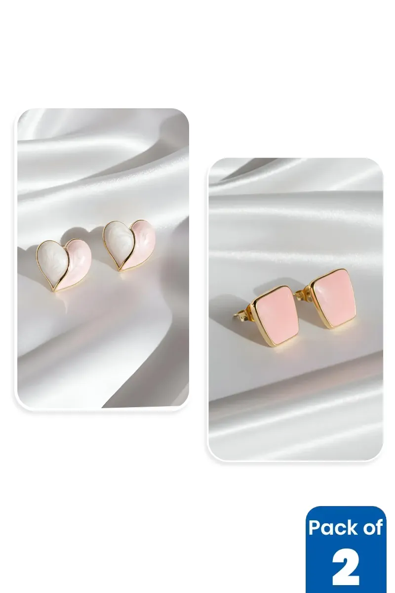 Square & Heart-Shaped Stud Earrings for Girls - Pack of 2