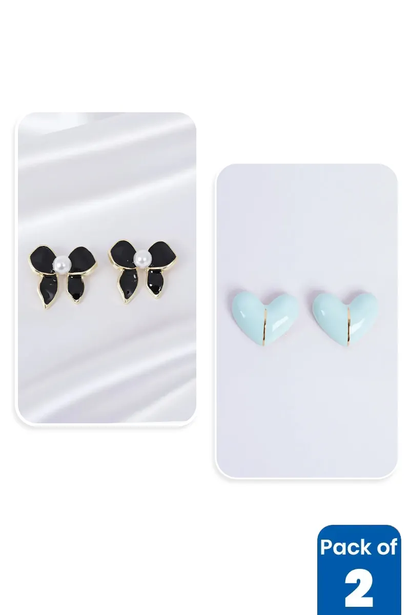Bow Pearl & Heart Stud Earrings for Girls - Pack of 2