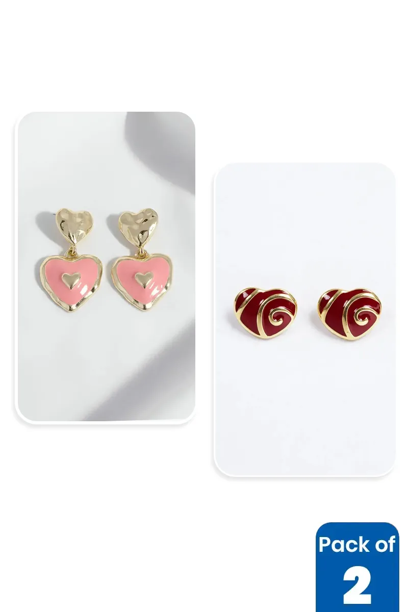 Dual Heart Drop and Heart Stud Earrings for Girls - Pack of 2