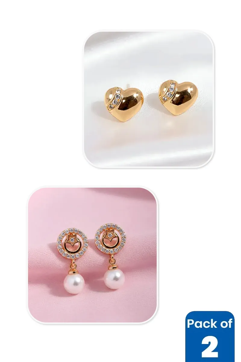 Gold Heart & Star Pearl Earrings Combo - Pack of 2