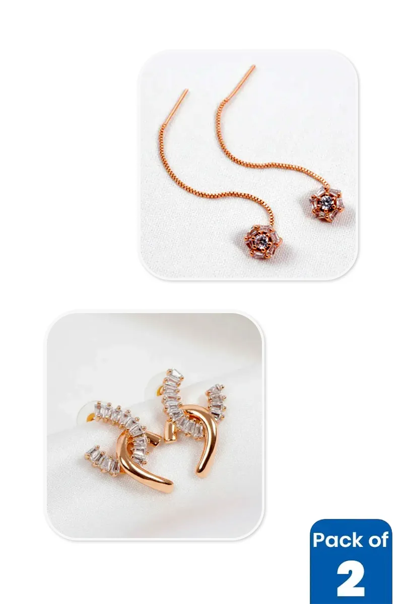 Gold Floral Chain Drop & Stud Earrings Combo - Pack of 2