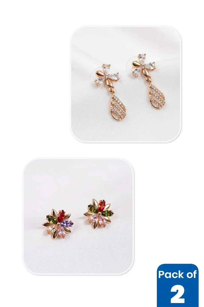 Gold Floral Drop & CZ Stud Earrings Combo - Pack of 2