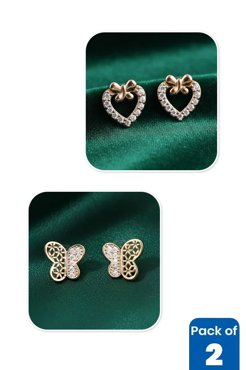 Gold Heart & Butterfly Stud Earrings Combo - Pack of 2