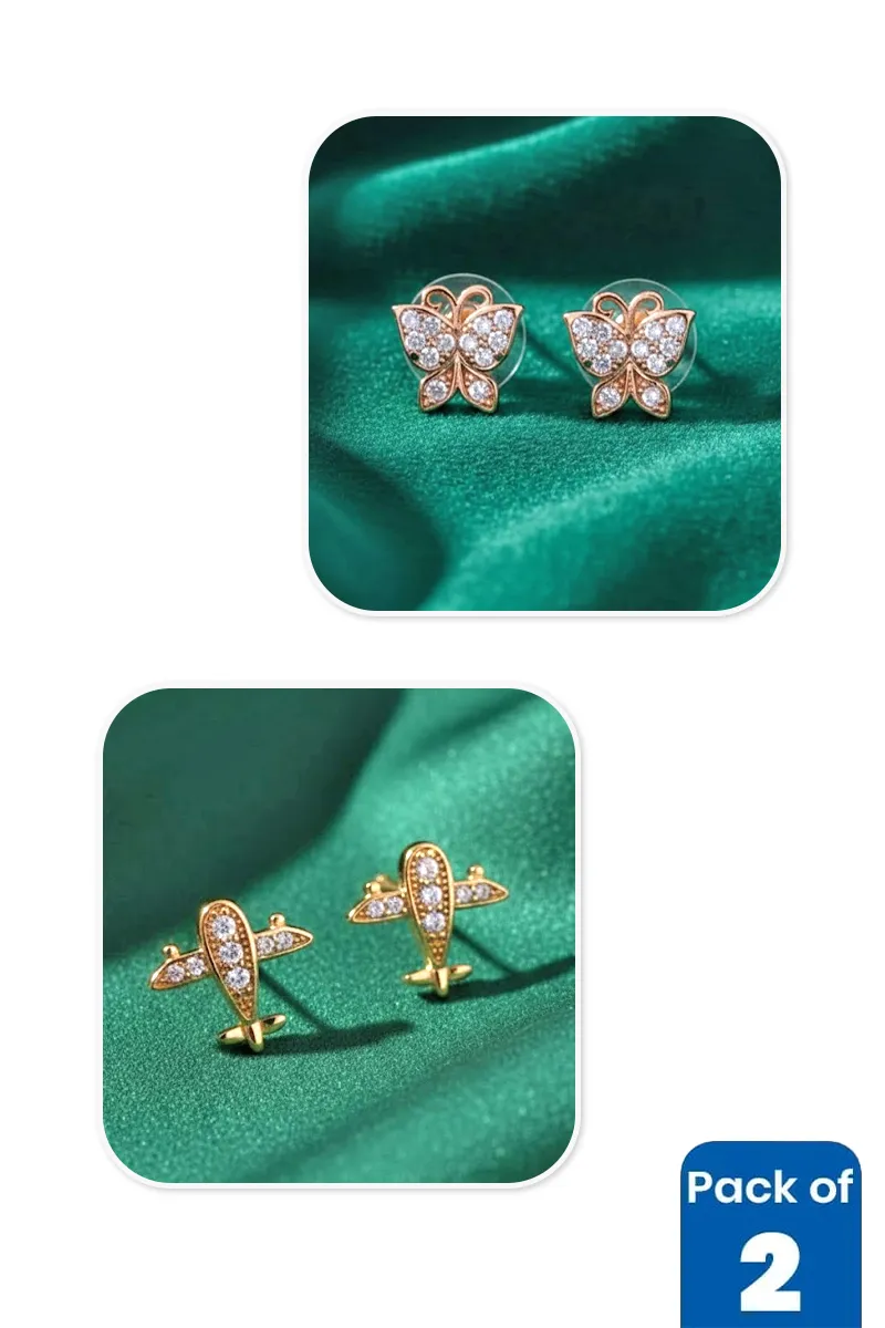 Gold Butterfly & Airplane Stud Earrings Combo - Pack of 2