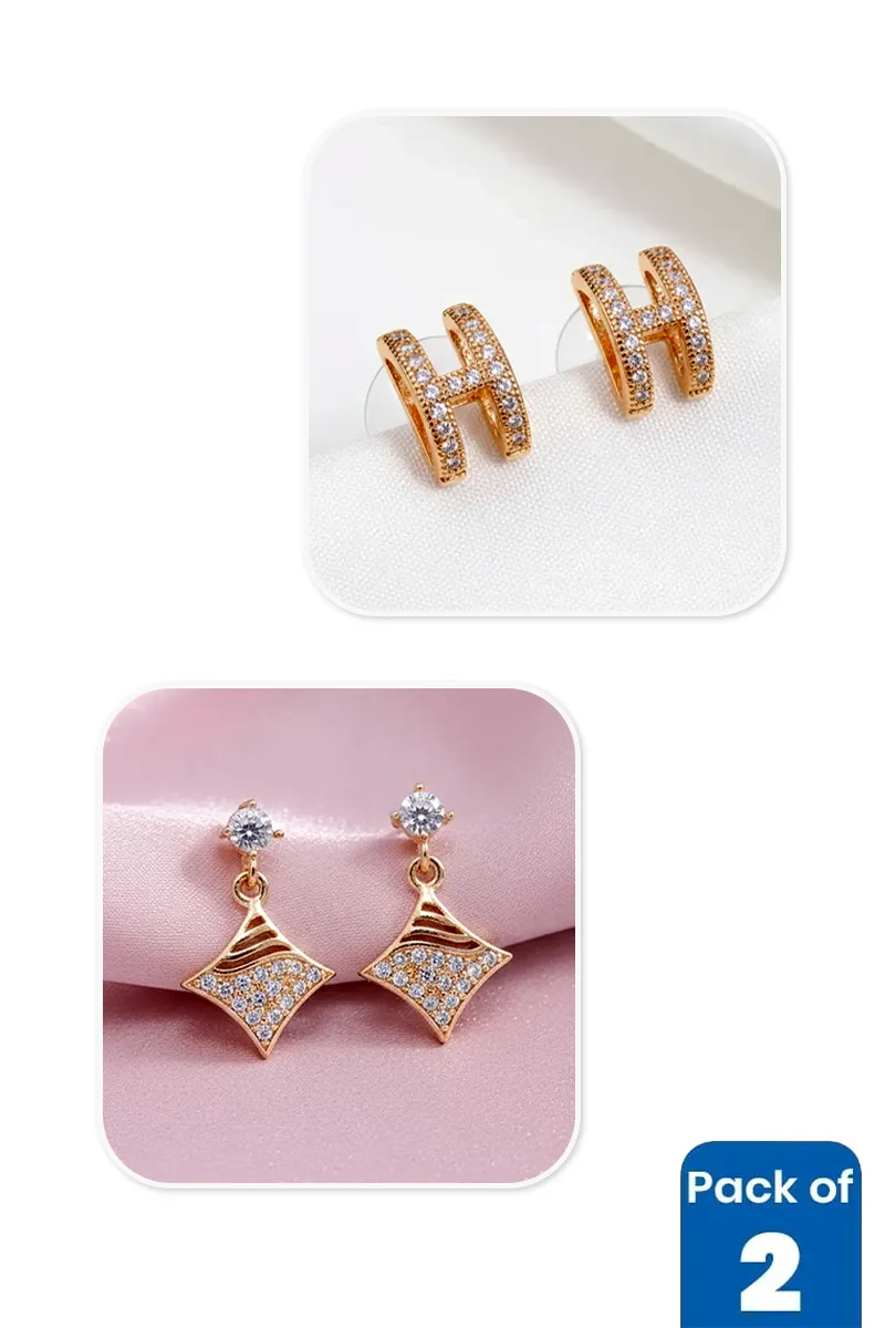 Rose Gold H Initial & Diamond Drop Earrings Combo - Pack of 2