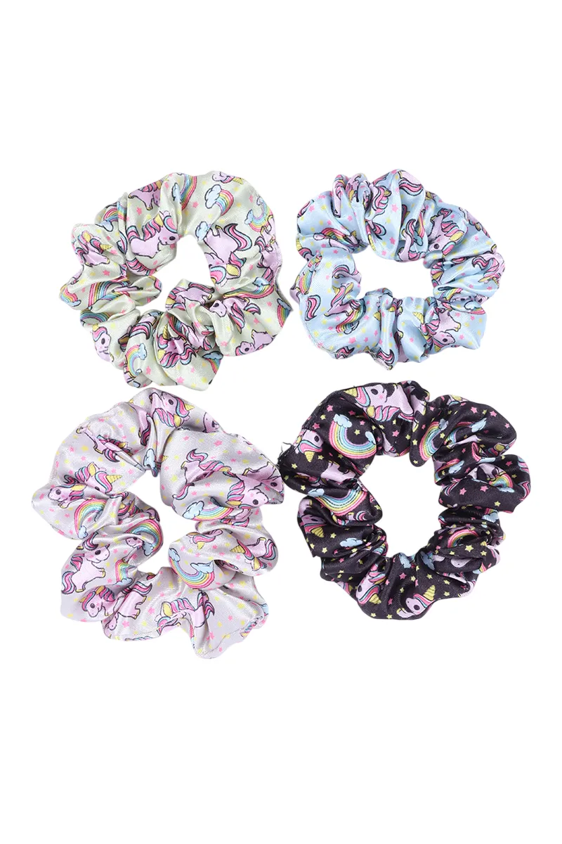 Unicorn Printed Silk Stain Scrunchies for Women & Girls - Pack of 4