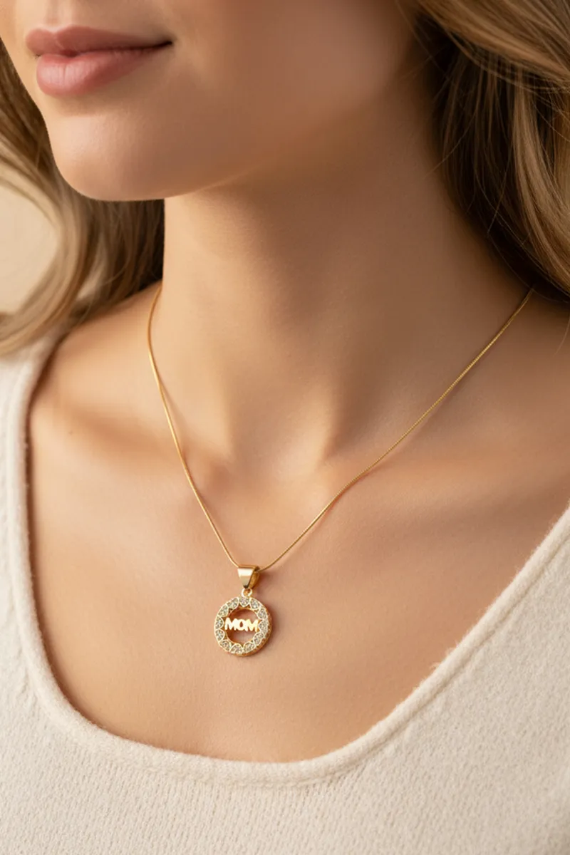 Gold Plated Circular "Mom" Pendant Chain for Women & Girls JWNC00018GOL