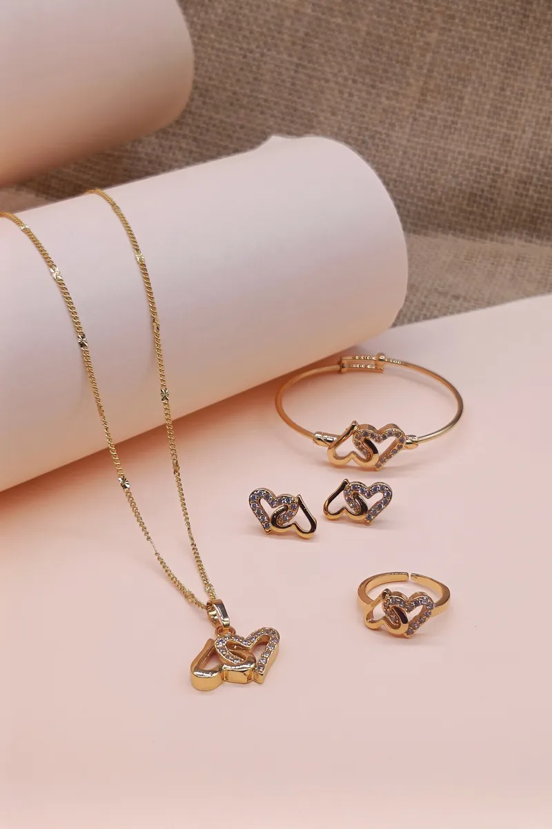 Girls Diamond Jewellery Set Double Heart Pendent Chain Ring Ear Ring & Bracelet JWNS00002GOL