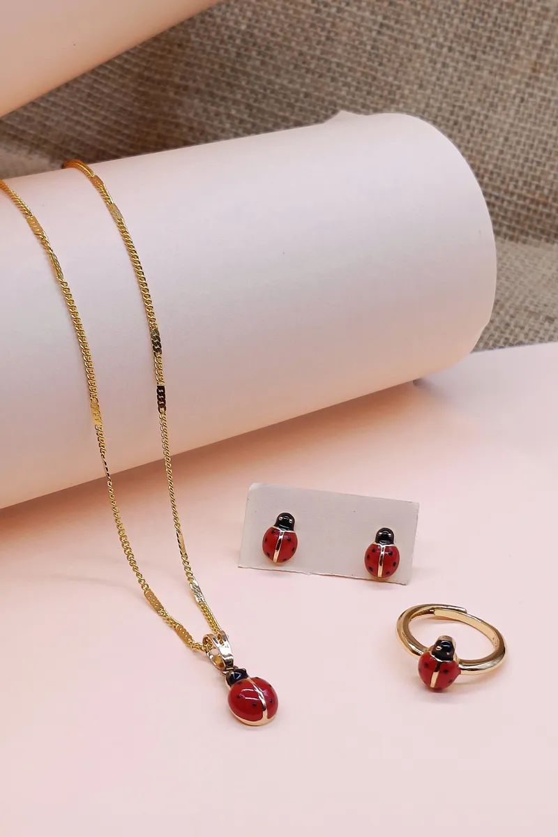 Girls Enamel Jewellery Set Beetle Pendent Chain Ring & Ear rings JWNS00006GOLRED