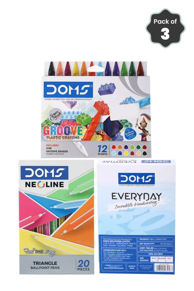 Doms Plastic Crayons (12 Shades) + Neoline Triangle & Everyday Ballpoint Pen- Combo of 3