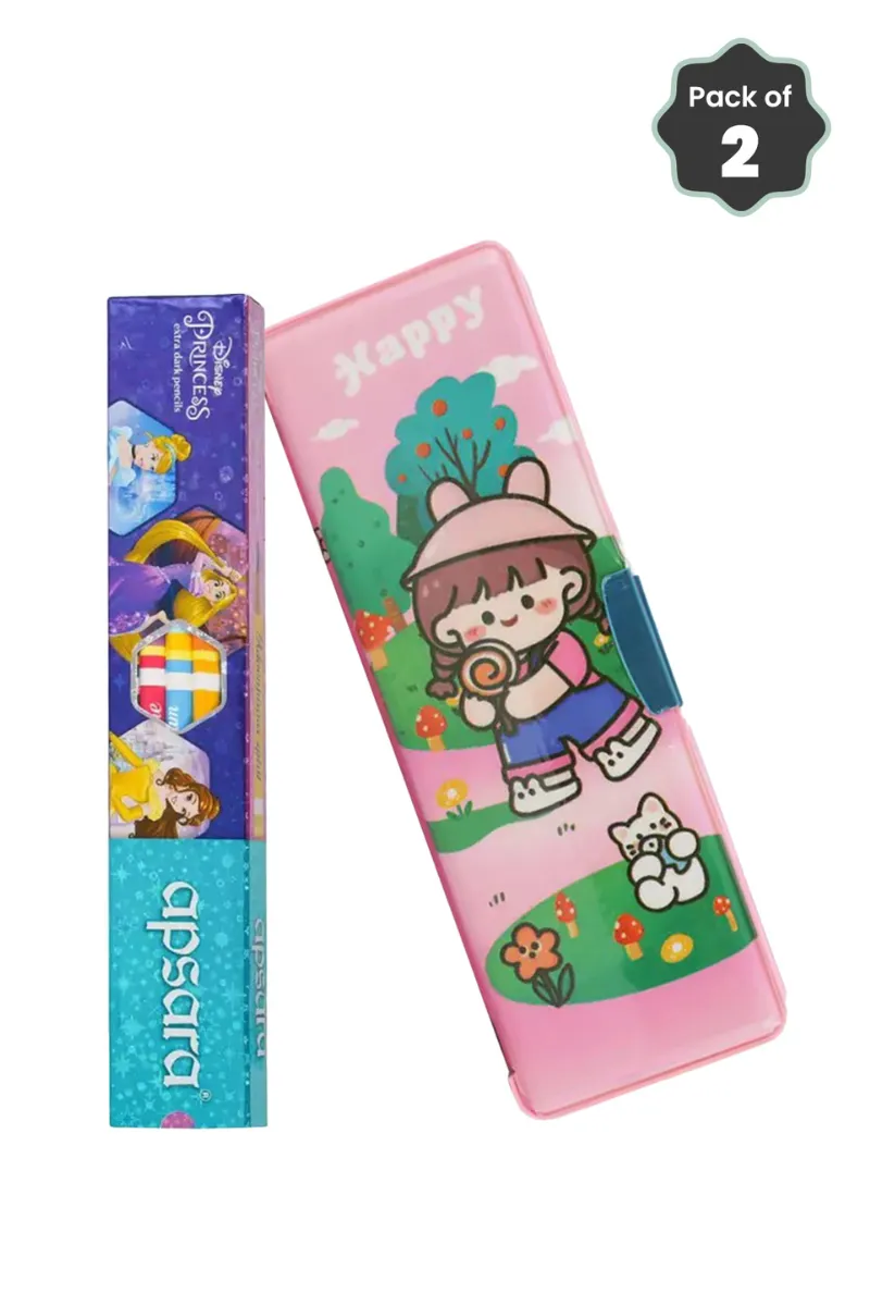 Apsara Disney Princess Pencils + Vivin Happy Art Pencil Case- Combo of 2 