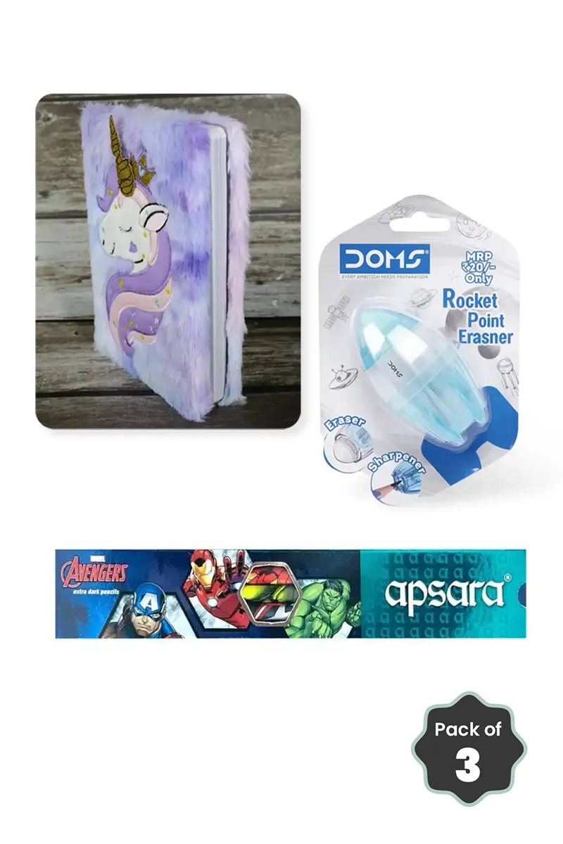Apsara Avengers Pencil, Unicorn Fur Diary & Doms Rocket Point Sharpener Combo