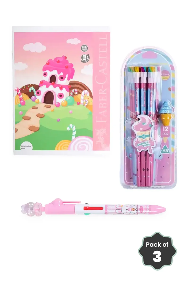 Faber Castell Student Notebook + Ice Cream Pencil Set + Cute Bunny Ball Pen Combo