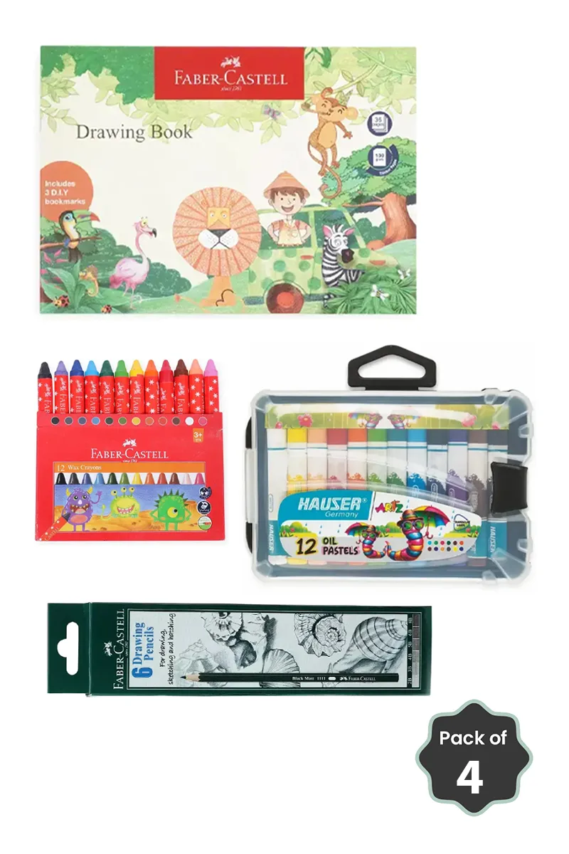 Faber-Castell Wax Crayons + Oil Pastel Colors + Drawing Book + Drawing Pencils Combo