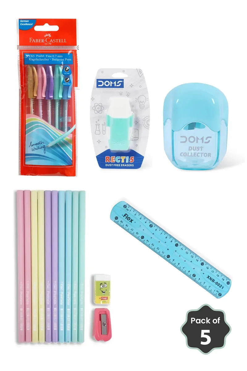 Flair Pastel Stationery Combo (Pencils + Pens + Eraser + Sharpener + Scale)