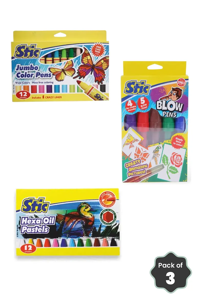 Stic Creative Coloring Combo – Jumbo Color Pens, Blow Pens & Hexa Oil Pastels