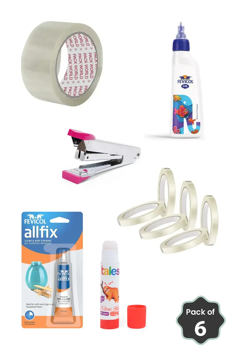 Adhesive & Packing Essentials Combo (Glue + Fevicol + Glue Stick + Packing Tape (0.5 Inch + 2 Inch) + Stapler)