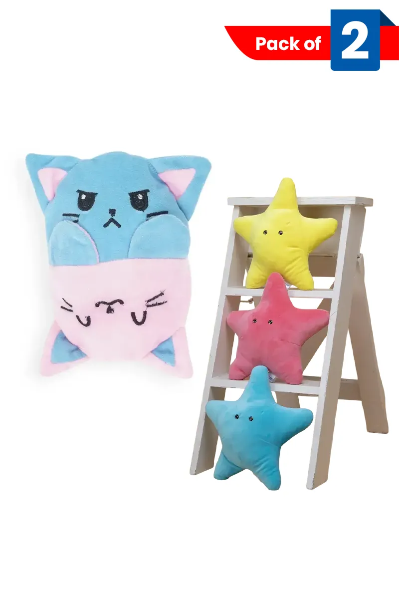 2 in 1 Teddy & Cat Reversible Stuffed Toy (Pink - Blue) & Stella The Sticky Starfish Soft Toy