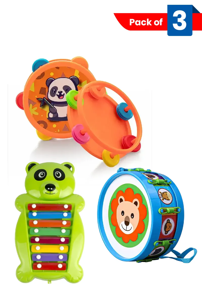 3 in 1 Musical Toy Combo for Kids (Dafli Rattle + Xylophone Pull-Along + Jumbo Drum) 