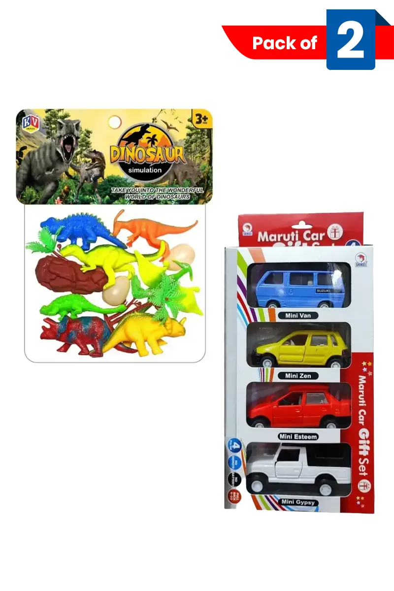 Dinosaur Animal Activity Toy Set (12 Pcs) & Maruti Pull Back Car Gift Set (4 Pcs) 