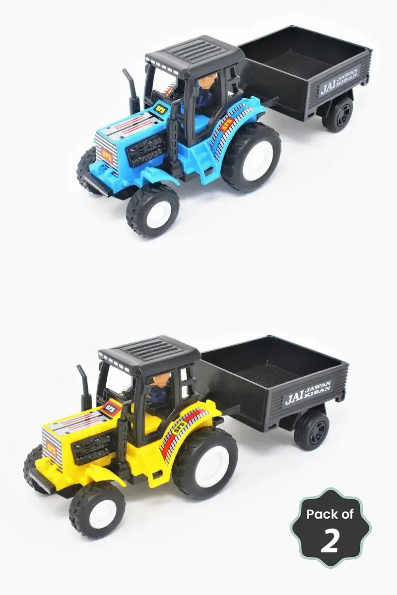 Pull Back Tractor Trolley Toy for Kids – Pack of 2 (Blue & Yellow) 