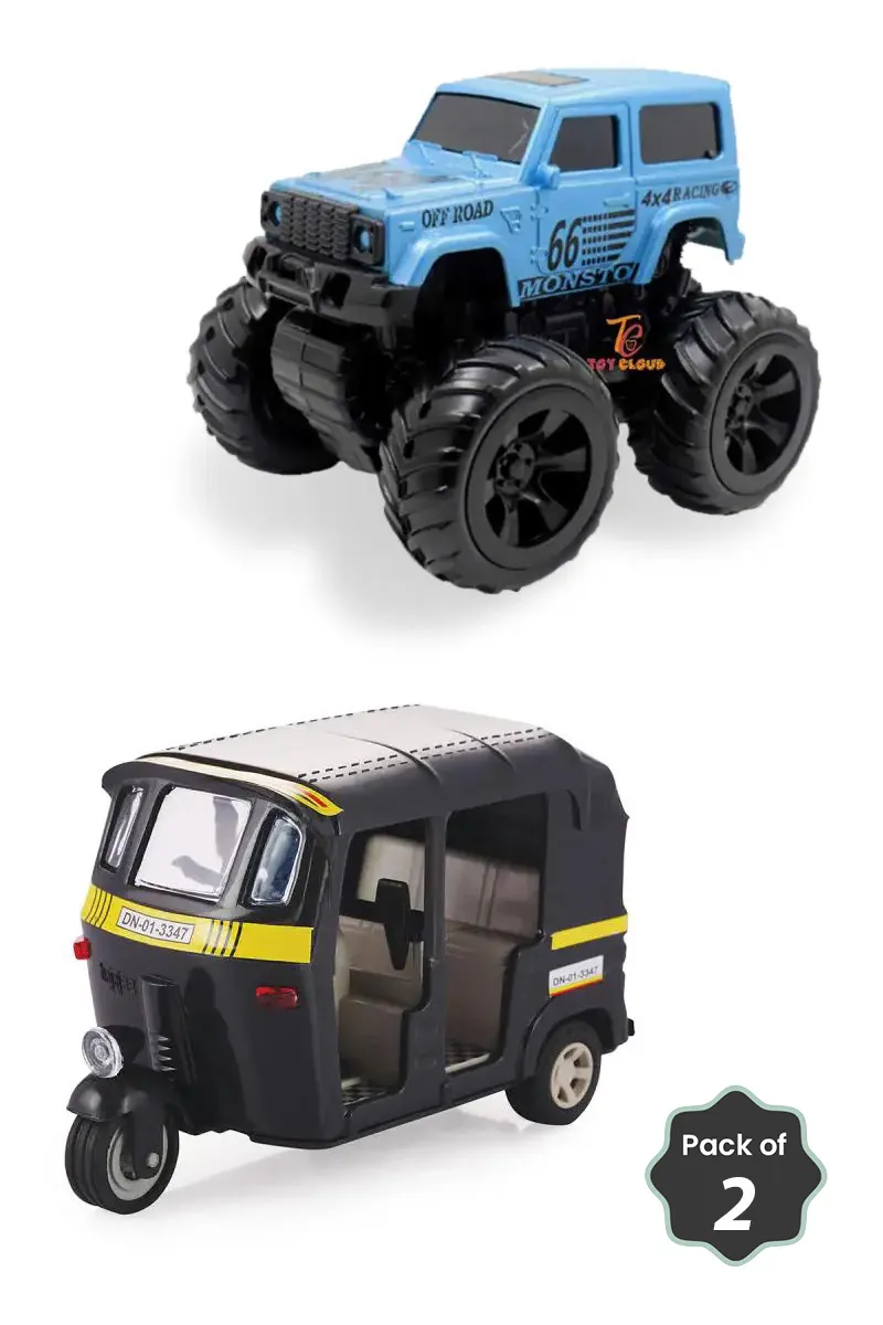 Classic Pull Back Auto & Monster Truck Jeep Toys for Kids – Pack of 2 