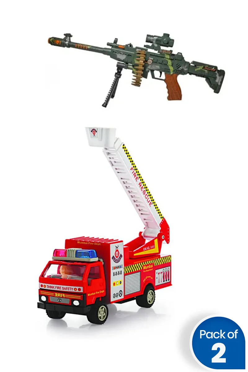 Army Style Toy Machine Gun with Fire Rescue Ladder Truck – Combo of 2