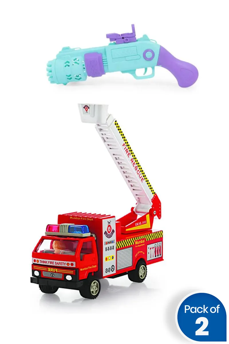 Kids Bubble Shooter Toy Gun with Fire Rescue Truck – Combo of 2