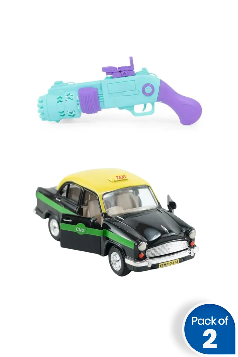 Kids Bubble Shooter Gun With Taxi Car Toy Combo of 2